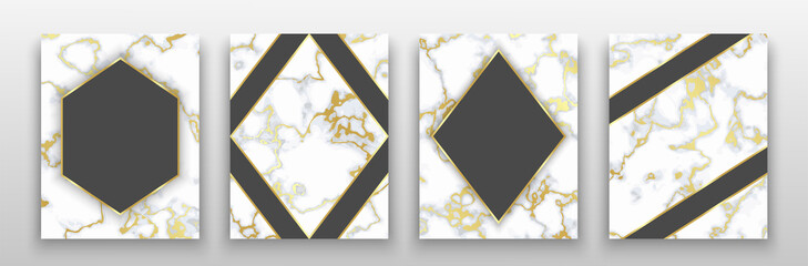 Vector vertical invitation cards set with grey gold marble texture and dark frames. Luxury marble design for funeral ceremony invitation. Vector illustration EPS 10