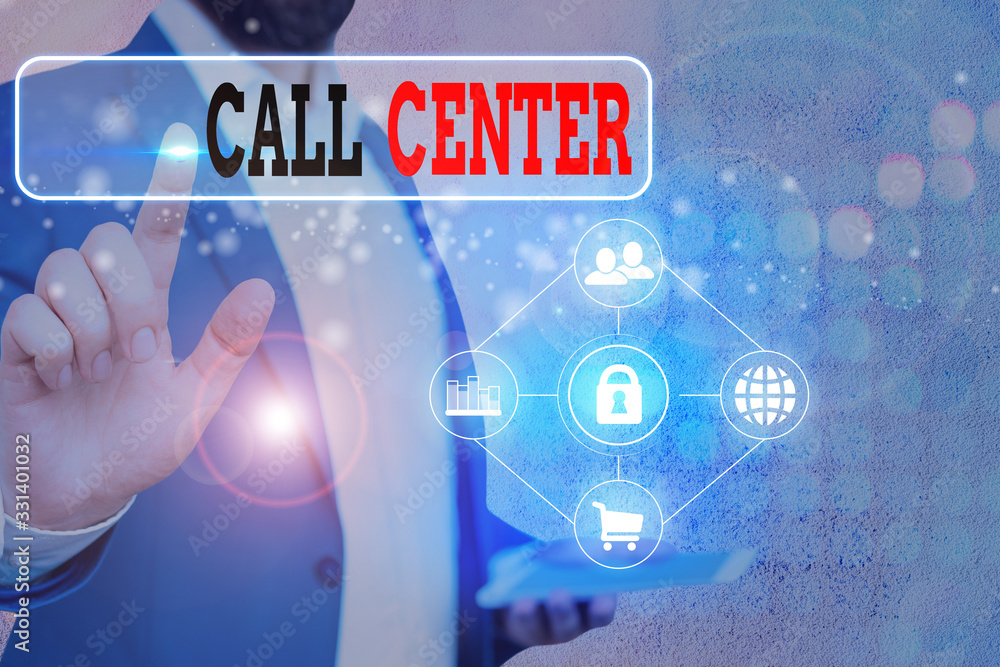 Aufkleber writing note showing call center. business concept for an office in which large numbers of telephone