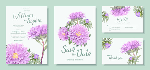 Wedding invitation card template. Floral design with bunch of blooming flowers of light violet Aster. Vector illustration in soft pastel colors