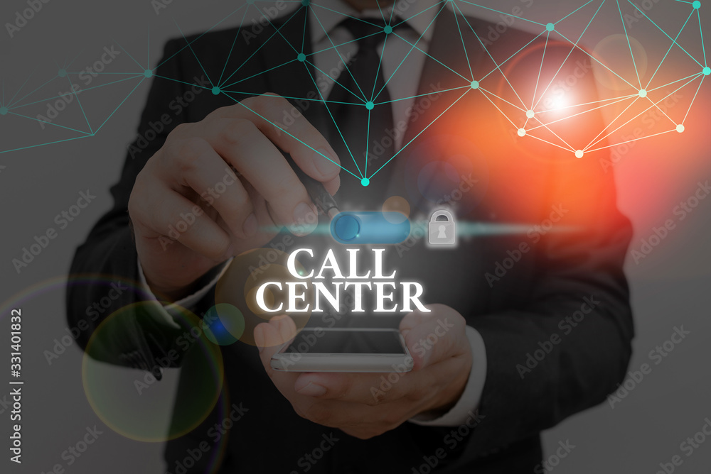Poster conceptual hand writing showing call center. concept meaning an office in which large numbers of tel