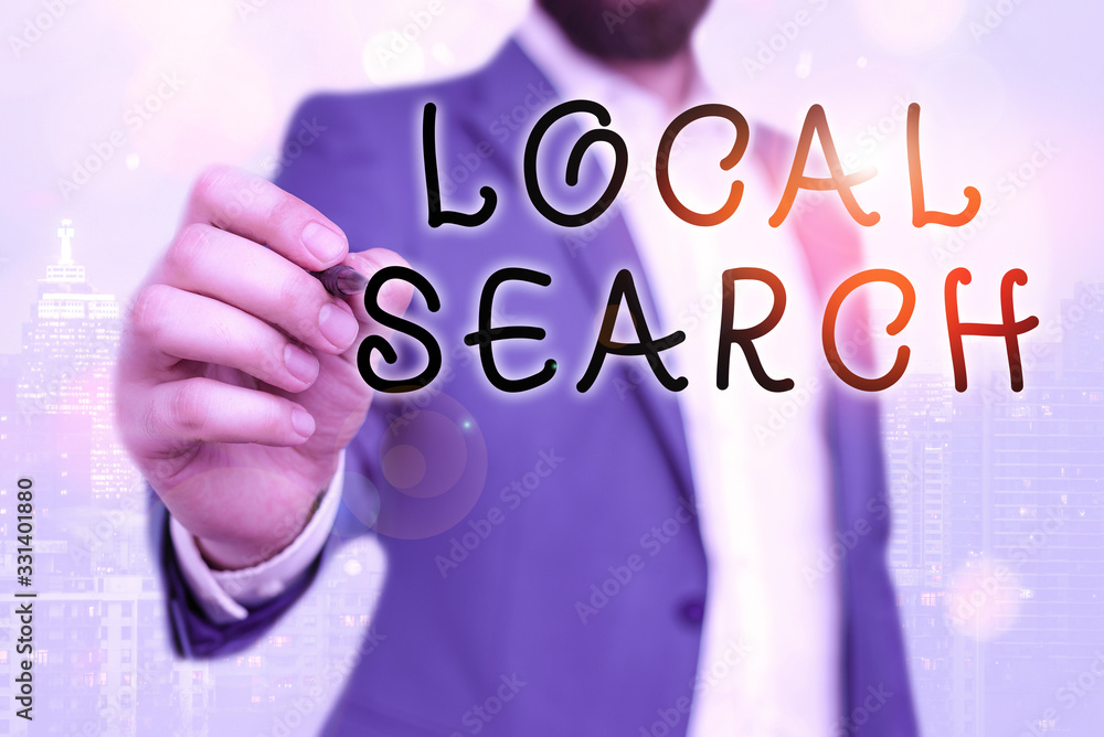 Poster handwriting text local search. conceptual photo searches of a structured database of local business 