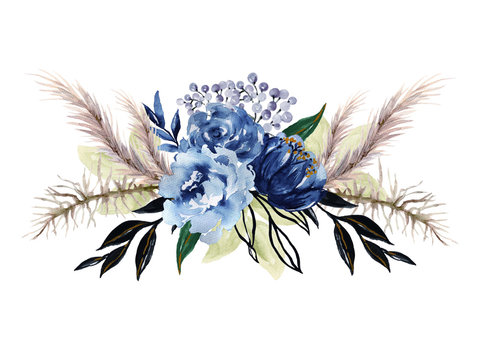 Watercolor Elegant Vintage Navy Indigo Blue Flower Bouquet And Leaves Foliage Hand Painted