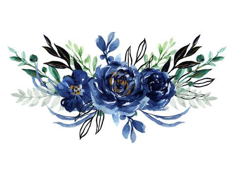 Watercolor Elegant Vintage Navy Indigo Blue Flower Bouquet And Leaves Foliage Hand Painted