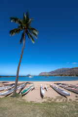Vertical view of outrigger canoes on a beach at the west coast of Oahu Hawaii