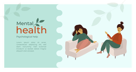 Psychological help concept. Psychotherapy, mental health problem or depression treatment. Vector illustration of sad girl talking with psychologist. Woman issues. Template of layout, banner, flyer, ad