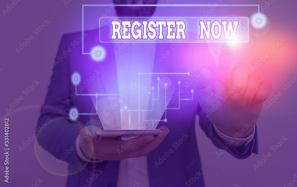 Poster writing note showing register now. business concept for official list or record showing or things in