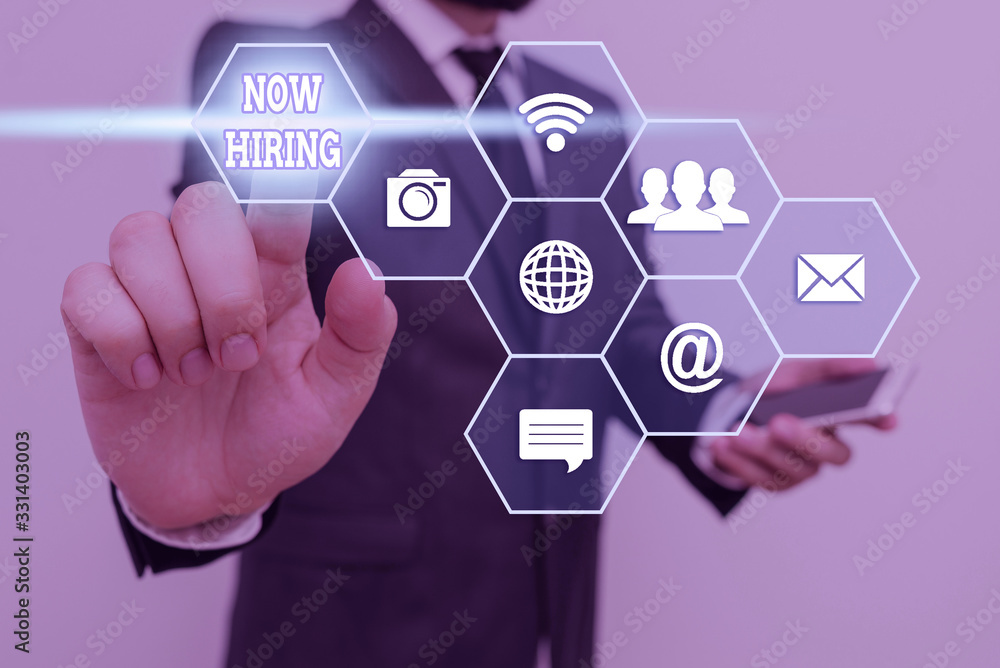 Poster handwriting text writing now hiring. conceptual photo finding evaluating working relationship with f