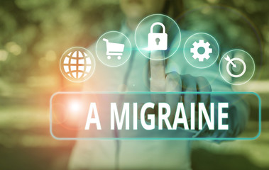 Word writing text A Migraine. Business photo showcasing recurrent throbbing headache that affects...