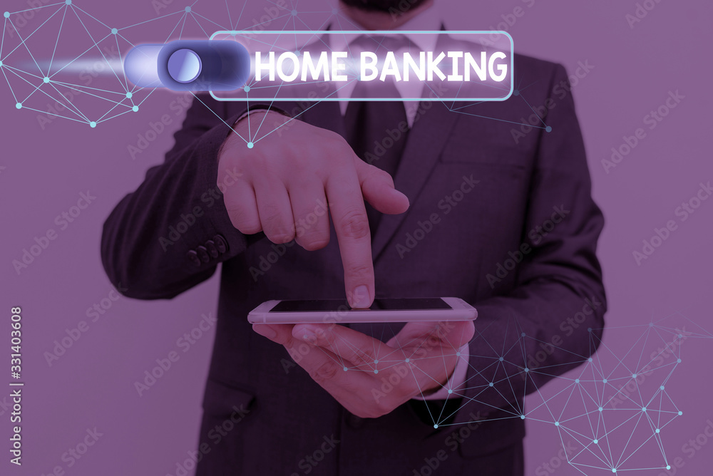 Poster writing note showing home banking. business concept for banking transactions are performed directly 