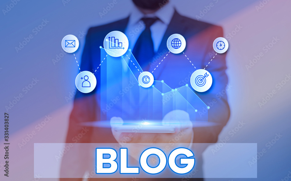 Poster word writing text blog. business photo showcasing regularly updated website web page run by individu