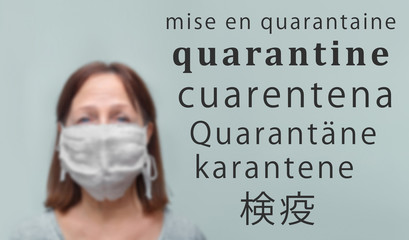Old woman wearing a mask fear problem air pollution on a white background, healthcare concept.