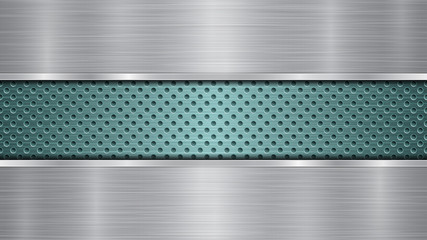 Background of light blue perforated metallic surface with holes and two horizontal silver polished plates with a metal texture, glares and shiny edges