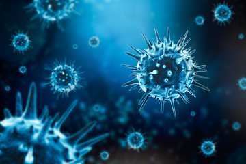 Microscopic generic virus cell 3D rendering illustration on a blue background. Microbiology, contagion, infection, epidemic, coronavirus, medicine, pathology or disease concepts. - obrazy, fototapety, plakaty