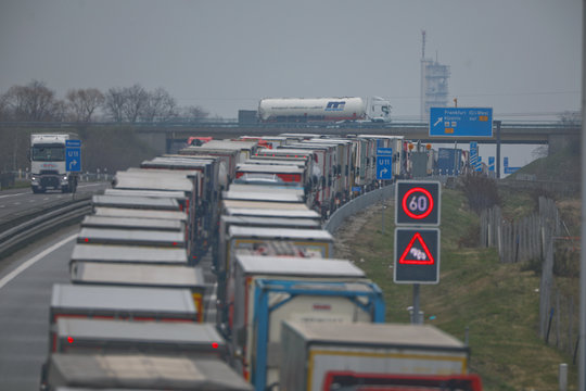 A lorry traffic jam is seen near the German-Polish border in Frankfurt/Oder