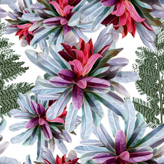 Tropical plants seamless pattern, colored flowers.