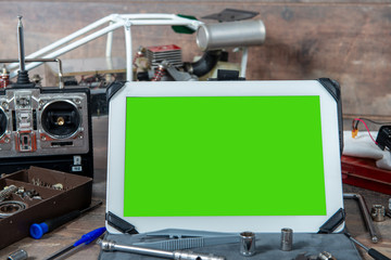 tablet with green screen and RC radio control car