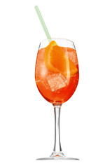 Aperol Spritz cocktail with a slice of orange, ice cubes and a green straw is contained in a high glass on the long stem. The bright illustrative picture is made on the white background.
