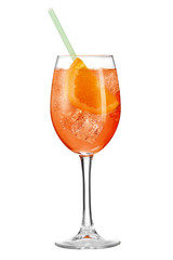 Aperol Spritz cocktail with a slice of orange, ice cubes and a green straw is contained in a high glass on the long stem. The bright illustrative picture is made on the white background.