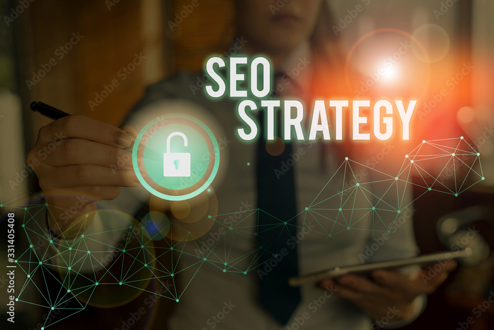 Aufkleber conceptual hand writing showing seo strategy. concept meaning procedures that aim to increase the vi