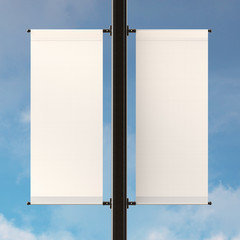 Empty Double Lamp Post Banners on Sky Background. Standard Size of Canvas. Realistic 3D MockUp.