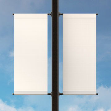 Empty Double Lamp Post Banners on Sky Background. Standard Size of Canvas. Realistic 3D MockUp.