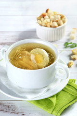 chicken broth with egg and crackers
