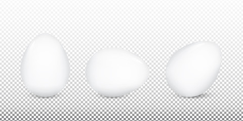 Set of white realistic eggs. Isolated eggs in different positions on a transparent background. Stock vector illustration.