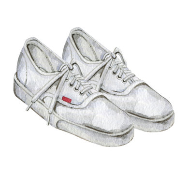 Watercolor illustration of white sneakers shoes