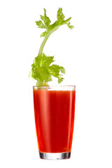 Bloody Mary cocktail with a celery twig is contained in a highball glass. The bright illustrative picture is made on the white background. 