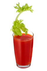 Bloody Mary cocktail with a celery twig is contained in a highball glass. The bright illustrative picture is made on the white background. 