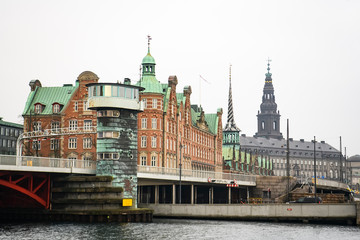Fototapeta na wymiar View to Knippels bascule bridge and Christiansborg Palace in Copenhagen, Denmark. February 2020