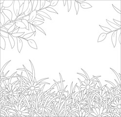 Natural spring background with tree branches over beautiful wildflowers among thick grass on a forest glade, black and white vector cartoon illustration for a coloring book page