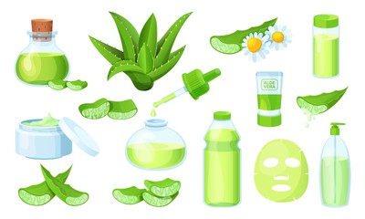 Nature aloe vera medicinal pharmacy, cosmetic plant leaves, fresh juice on natural herbal vector illustration isolated on white. Herbal plant, bottle with extract liquid, dripping isolated, gel, herb