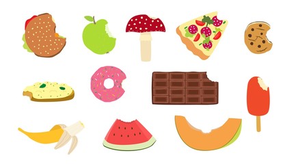 Bitten varied food with sprinkles on cartoon vector illustration isolated on white for postcard. Bit collection with apple, amanita, pizza with tomatoes sausage salad, bite donut, chocolate, cookie