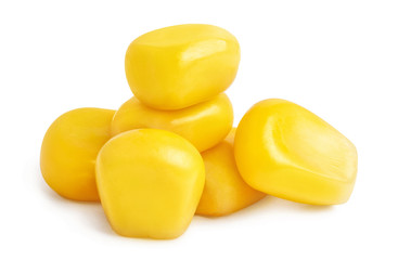 Close-up of juicy corn seeds, isolated on white background
