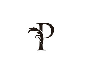 Vintage Letter P Logo. Classic P Letter Design Vector with Black Color and Floral Hand Drawn.