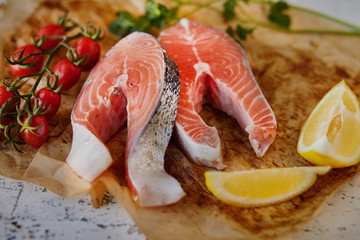 Salmon with ingredient on the light table