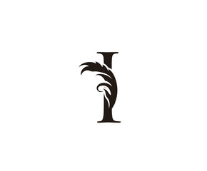 Vintage Letter I Logo. Classic I Letter Design Vector with Black Color and Floral Hand Drawn.