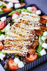 Vegetable salad with smoked eel. Japanese food