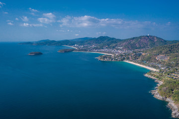 Aerial drone view of tropical Kata Noi Beach area in Phuket, Thailand