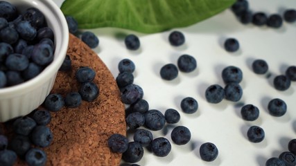 Heap of fresh blueberries in white bowl. Closeup shot. Fresh berry series