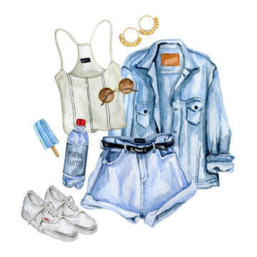 Watercolor Illustration Summer Fashion Clothes 