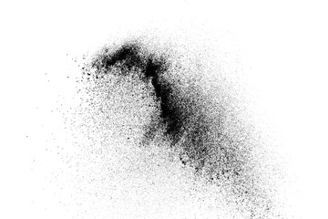 Explosion black grainy texture isolated on white background. Dust overlay. Dark noise granules. Digitally generated image. Vector design elements. Illustration, Eps 10.