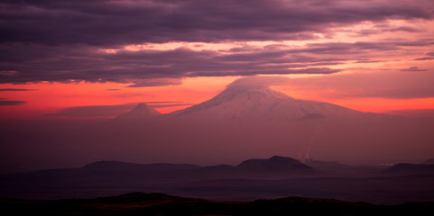 Beautiful landscape at sunset on Mount Ararat in Armenia.