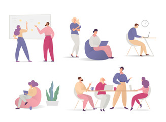 People co-working on computers on hand drawn office vector character business illustration isolated on white. Man, women free work on laptops with coffee, tea, sit chair, view diagram, read.