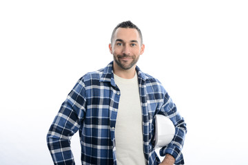 Fototapeta premium handsome young caucasian man construction worker electrician isolated on a white background