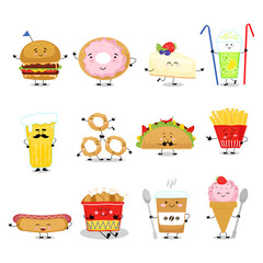 Cute food with yummy fast food, sweet dessert, bakery and donut with face on meal comic fast food vector illustration isolated on white. Food cartoon set with cake, lemonade, beer, coffee, ice cream