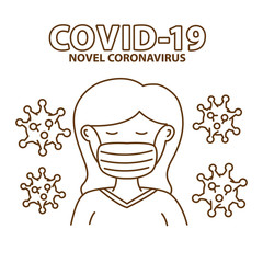Woman wearing mask to prevent corona virus vector illustration in cute linear design isolated on white background 