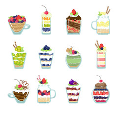 Food cute sweet dessert, eat slices of juicy oranges layers with filling on food fruity vector illustration isolated on white. Glassed jars with strawberry, cranberry, kivi, cherry and figs on cream.