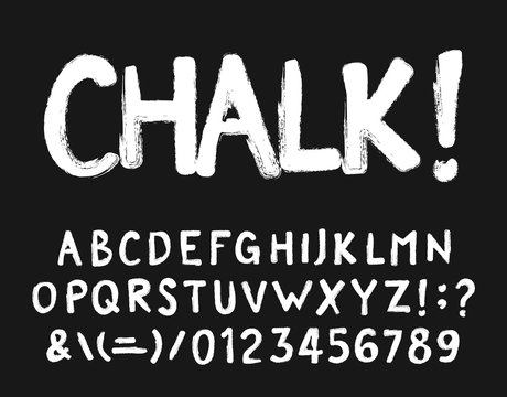 Chalk alphabet font. Hand drawn messy letters, numbers and symbols. Stock vector typescript for your design.